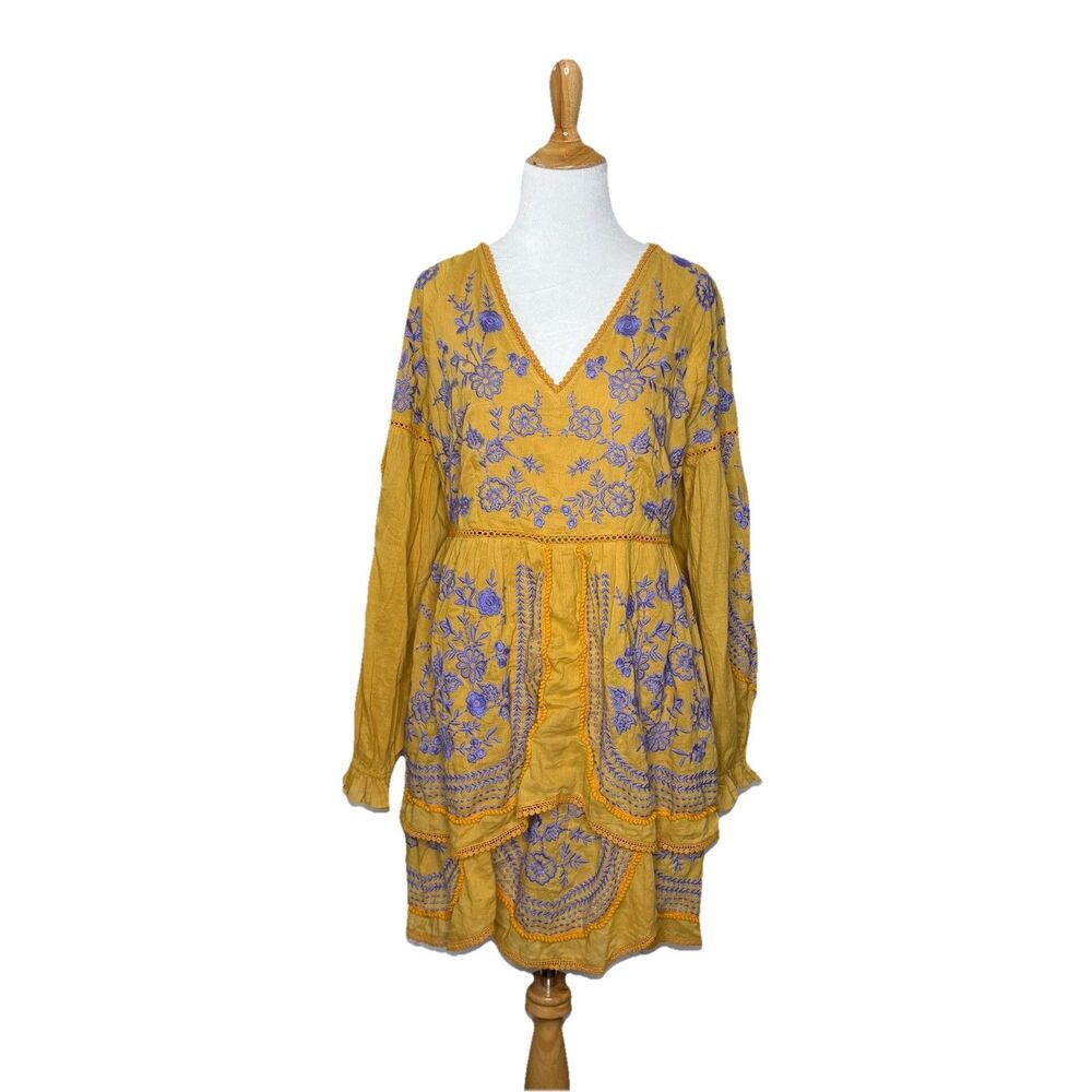 Meadow Rue Anthropologie Yellow Purple Lisette Dress Balloon Sleeve Size Small